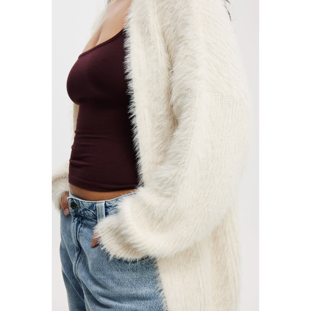 Cotton On Cardigan Women 2XS Cream Eyelash Knit Fuzzy Open Front Sweater